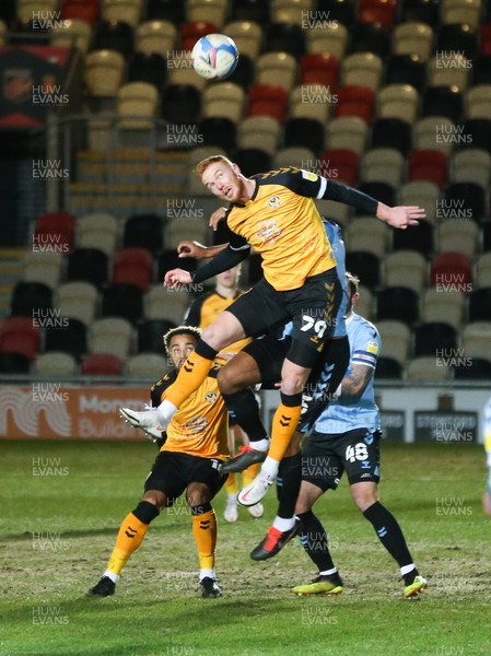 090221 - Newport County v Southend United, Sky Bet League 2 - Ryan Taylor of Newport County looks to head the ball