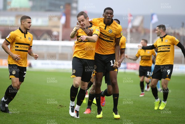 131018 - Newport County v Stevenage - SkyBet League Two - Matthew Dolan of Newport County celebrates scoring a goal with Tyreeq Bakinson