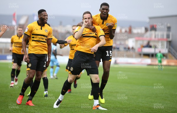 131018 - Newport County v Stevenage - SkyBet League Two - Matthew Dolan of Newport County celebrates scoring a goal with Tyreeq Bakinson
