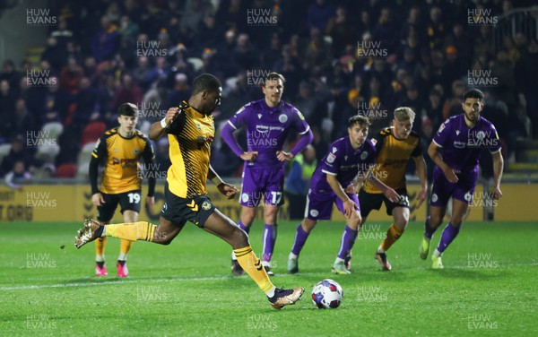 140223 - Newport County v Stevenage, EFL Sky Bet League 2 - Omar Bogle of Newport County scores his sides second goal as he slots home a penalty