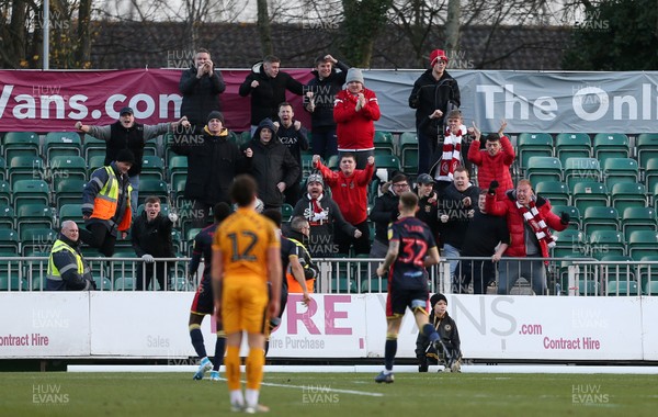 141219 - Newport County v Stevenage - SkyBet League Two - Emmanuel Sonupe of Stevenage celebrates scoring a goal in front of a small group of fans