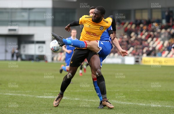 070418 - Newport County v Stevenage FC - SkyBet League Two - Frank Nouble of Newport County is tackled by Joe Martin of Stevenage