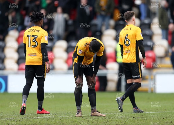 070418 - Newport County v Stevenage FC - SkyBet League Two - Dejected Marlon Jackson, Frank Nouble and Ben White of Newport County