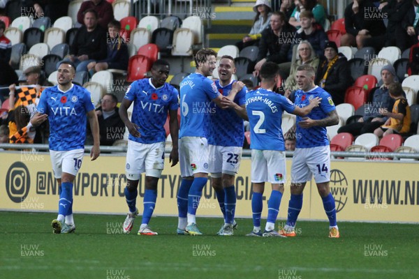 121122 - Newport County v Stockport County - Sky Bet League 2 - Chris Hussey (23) of Stockport celebrates his goal