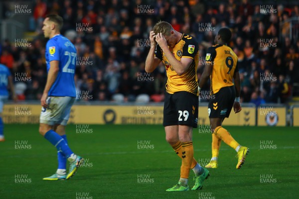121122 - Newport County v Stockport County - Sky Bet League 2 - Will Evans of Newport wastes a chance