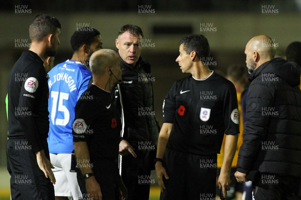 121122 - Newport County v Stockport County - Sky Bet League 2 - Manager of Newport County Graham Coughlan makes his feelings known to the officials at the end of the game