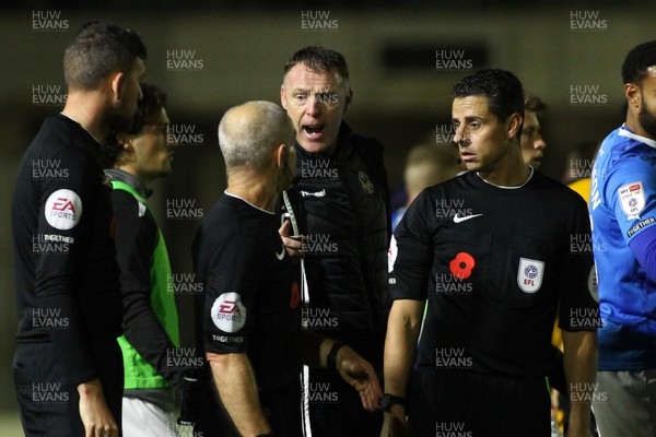 121122 - Newport County v Stockport County - Sky Bet League 2 - Manager of Newport County Graham Coughlan makes his feelings known to the officials at the end of the game
