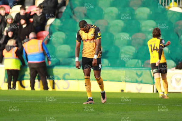 250223 - Newport County v Sutton United - Sky Bet League 2 -  Omar Bogle of Newport County is frustrated at a missed chance