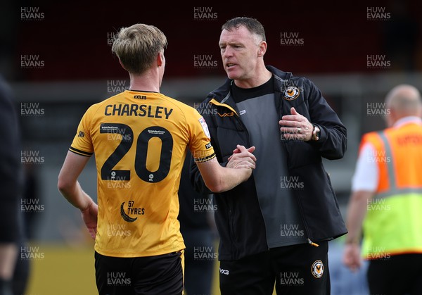 260823 - Newport County v Sutton United - SkyBet League Two - Newport County Manager Graham Coughlan with goal scorer Harry Charsley