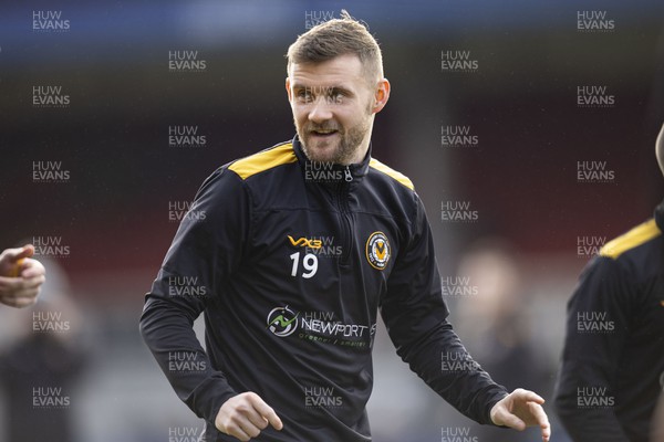 030224 - Newport County v Swindon Town - Sky Bet League 2 - Shane McLoughlin of Newport County during the warm up