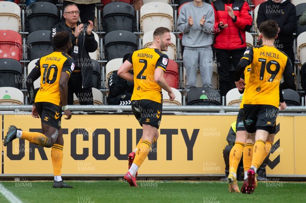 040223 - Newport County v Swindon Town - Sky Bet League 2 - Cameron Norman of Newport County (2) celebrates scoring the first goal of the match