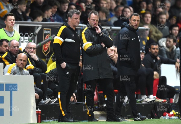 090419 - Newport County v Swindon Town - SkyBet League 2 - Newport County Manager Michale Flynn (right) looks on