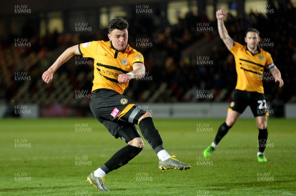 090419 - Newport County v Swindon Town - SkyBet League 2 - Regan Poole of Newport County tries a shot at goal