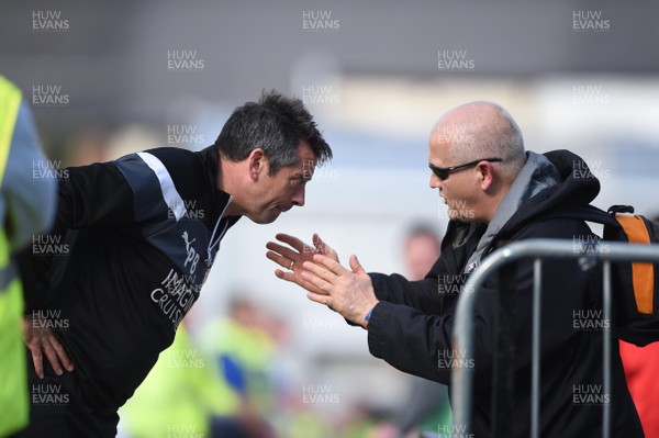 140418 - Newport County v Swindon Town - SkyBet League 2 - Swindon Town manager Phil Brown is confronted by his own teams fans at the end of the game