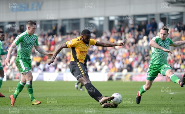 140418 - Newport County v Swindon Town - SkyBet League 2 - Frank Nouble of Newport County tries a shot at goal