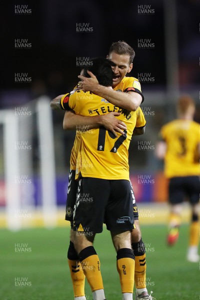 201121 - Newport County v Swindon Town - Sky Bet League 2 - Dom Telford and Mickey Demetriou of Newport County  celebrate Telford’s equaliser 