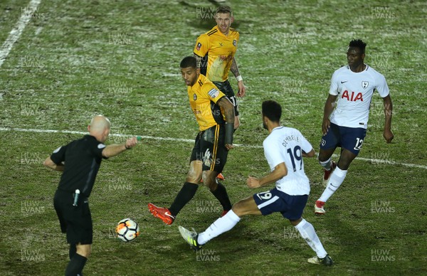 270118 - Newport County v Tottenham Hotspur - FA Cup - Joss Labadie of Newport County is challenged by Mousa Dembele of Tottenham Hotspur