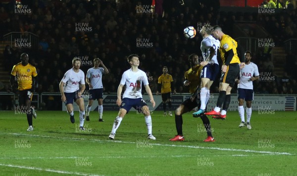 270118 - Newport County  v Tottenham Hotspur, Emirates FA Cup Fourth Round - Padraig Amond of Newport County heads to score goal