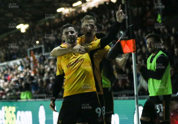 270118 - Newport County  v Tottenham Hotspur, Emirates FA Cup Fourth Round - Padraig Amond of Newport County celebrates with Mickey Demetriou of Newport County after scoring goal