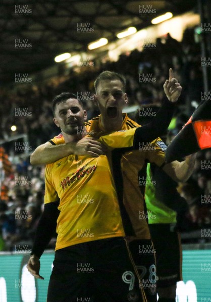 270118 - Newport County  v Tottenham Hotspur, Emirates FA Cup Fourth Round - Padraig Amond of Newport County celebrates with Mickey Demetriou of Newport County after scoring goal