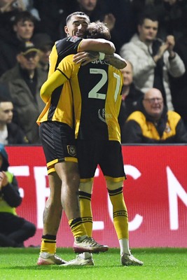 030326 - Newport County v Tranmere Rovers - Sky Bet League 2 - Michael Spellman of Newport County celebrates scoring a goal with Courtney Baker-Richardson of Newport County