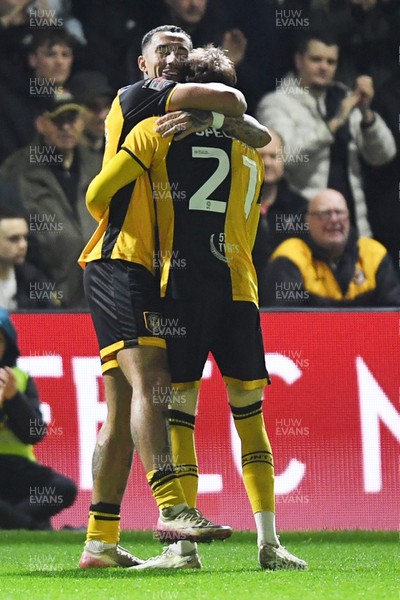 030326 - Newport County v Tranmere Rovers - Sky Bet League 2 - Michael Spellman of Newport County celebrates scoring a goal with Courtney Baker-Richardson of Newport County