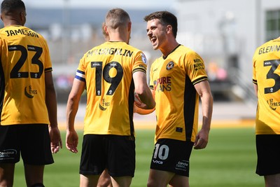 030525 - Newport County v Tranmere Rovers - Sky Bet League 2 - Shane McLoughlin of Newport County celebrates scoring the first goal of the game with Oliver Greaves of Newport County