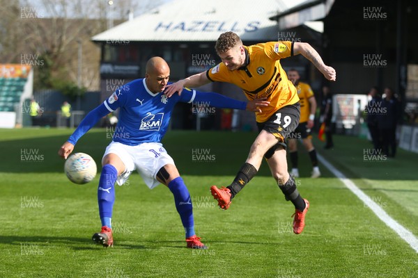 060419 Newport County v Tranmere Rovers - Sky Bet League 2 - Ben Kennedy of Newport County gets in a cross under pressure from Jake Caprice of Tranmere Rovers