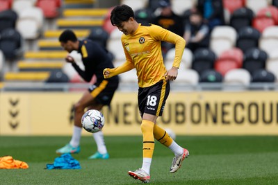 130424 - Newport County v Tranmere Rovers - Sky Bet League 2 -  Kiban Rai of Newport County warming up 