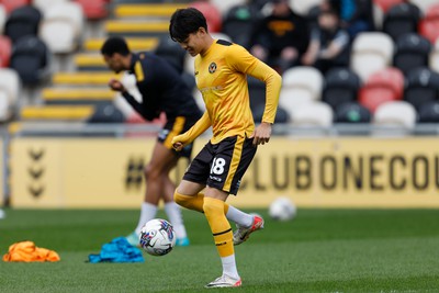 130424 - Newport County v Tranmere Rovers - Sky Bet League 2 -  Kiban Rai of Newport County warming up 