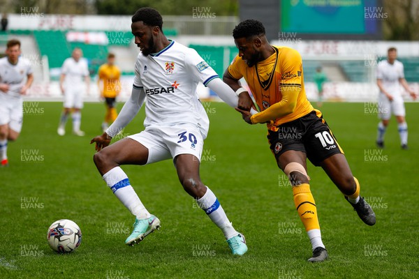 130424 - Newport County v Tranmere Rovers - Sky Bet League 2 -  Jean Leroy-Belehouan of Tranmere Rovers and Offrande Zanzala of Newport County
