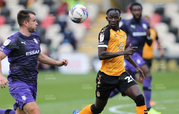 171020 - Newport County v Tranmere Rovers, Sky Bet League 2 - Saikou Janneh of Newport County and Liam Ridehalgh of Tranmere Rovers compete for the ball
