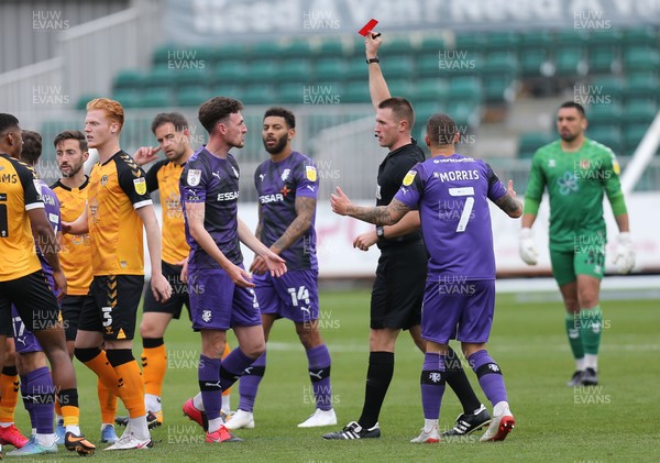 171020 - Newport County v Tranmere Rovers, Sky Bet League 2 - Paul Lewis of Tranmere Rovers is shown a red card for a challenge on Joss Labadie of Newport County as Kieron Morris of Tranmere Rovers appeals 