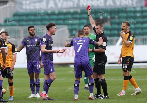 171020 - Newport County v Tranmere Rovers, Sky Bet League 2 - Paul Lewis of Tranmere Rovers is shown a red card for a challenge on Joss Labadie of Newport County as Kieron Morris of Tranmere Rovers appeals