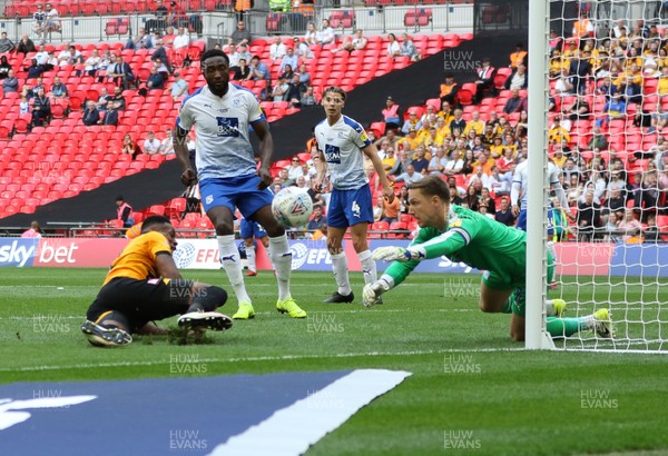 250519 - Newport County v Tranmere Rovers, Sky Bet League 2 Play-Off Final - Jamille Matt of Newport County sees his attempt at goal saved by Tranmere Rovers goalkeeper Scott Davies