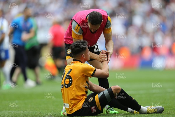 250519 - Newport County v Tranmere Rovers, Sky Bet League 2 Play-Off Final - Regan Poole of Newport County and Harry McKirdy of Newport County at the end of the match