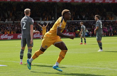 290826 Newport County v Tranmere Rovers, EFL Sky Bet League 2 - Shaquille Gwengwe of Newport County celebrates after he heads to score the opening goal