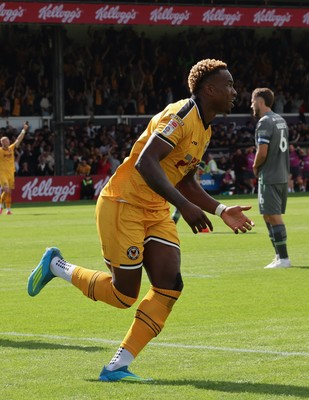 290826 Newport County v Tranmere Rovers, EFL Sky Bet League 2 - Shaquille Gwengwe of Newport County celebrates after he heads to score the opening goal