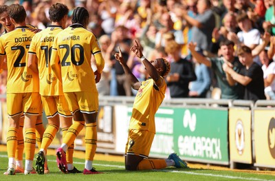 290826 Newport County v Tranmere Rovers, EFL Sky Bet League 2 - Shaquille Gwengwe of Newport County celebrates after he heads to score the opening goal
