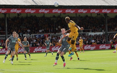 290826 Newport County v Tranmere Rovers, EFL Sky Bet League 2 - Shaquille Gwengwe of Newport County heads to score the opening goal