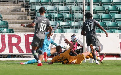 290826 Newport County v Tranmere Rovers, EFL Sky Bet League 2 - Zane Okoro of Tranmere Rovers beats Newport County goalkeeper Jordan Wright to score goal