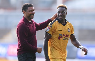 290826 Newport County v Tranmere Rovers, EFL Sky Bet League 2 - Newport County head coach Hayden Mullins with Shaquille Gwengwe of Newport County at the end of the match