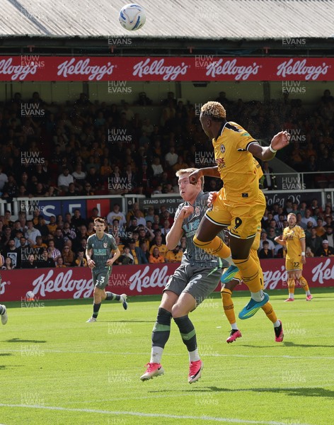 290826 Newport County v Tranmere Rovers, EFL Sky Bet League 2 - Shaquille Gwengwe of Newport County heads to score the opening goal