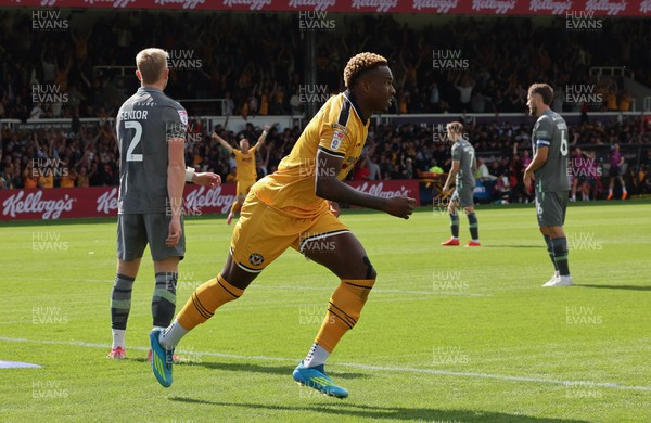 290826 Newport County v Tranmere Rovers, EFL Sky Bet League 2 - Shaquille Gwengwe of Newport County celebrates after he heads to score the opening goal