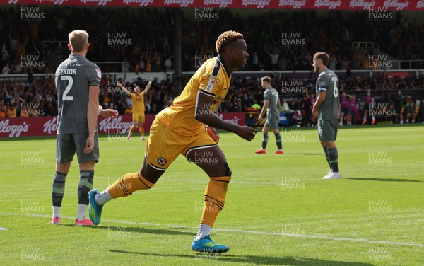 290826 Newport County v Tranmere Rovers, EFL Sky Bet League 2 - Shaquille Gwengwe of Newport County celebrates after he heads to score the opening goal