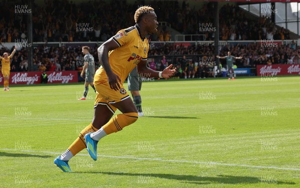 290826 Newport County v Tranmere Rovers, EFL Sky Bet League 2 - Shaquille Gwengwe of Newport County celebrates after he heads to score the opening goal