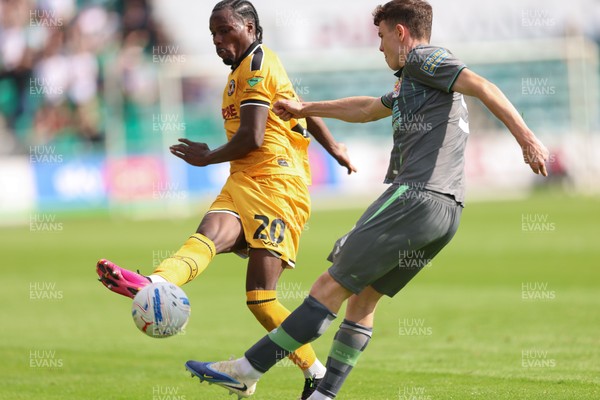 290826 Newport County v Tranmere Rovers, EFL Sky Bet League 2 - Yahya Bamba of Newport County challenges Jacob Slater of Tranmere Rovers