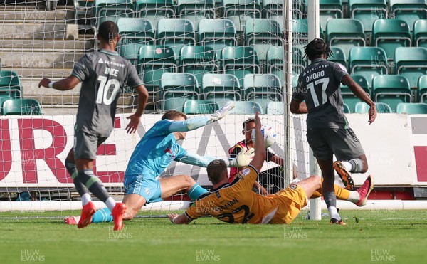 290826 Newport County v Tranmere Rovers, EFL Sky Bet League 2 - Zane Okoro of Tranmere Rovers beats Newport County goalkeeper Jordan Wright to score goal