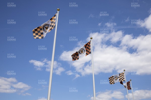050822 - Newport County v Walsall - Sky Bet League 2 - Newport County flags fly above Rodney Parade ahead of the match