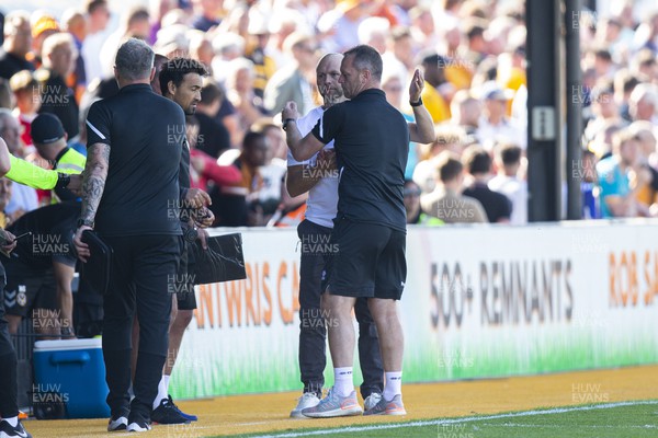 050822 - Newport County v Walsall - Sky Bet League 2 - Walsall manager Micahel Flynn & Newport County manager James Rowberry at full time 